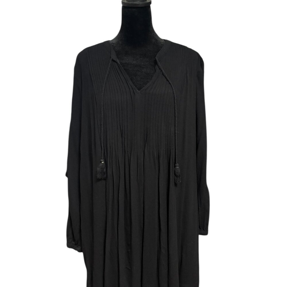 Vintage Old Navy Black Boho Mini Dress | Tassel Tie Neck & Long Sleeves | Size M
